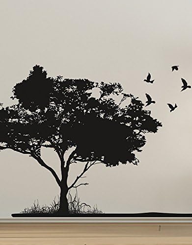 Flying Birds on Tree Vinyl Wall Decal Sticker 96in H X 122in W Tree with 78in long ground extension #6054B-96x122 (Black) (Reverse)