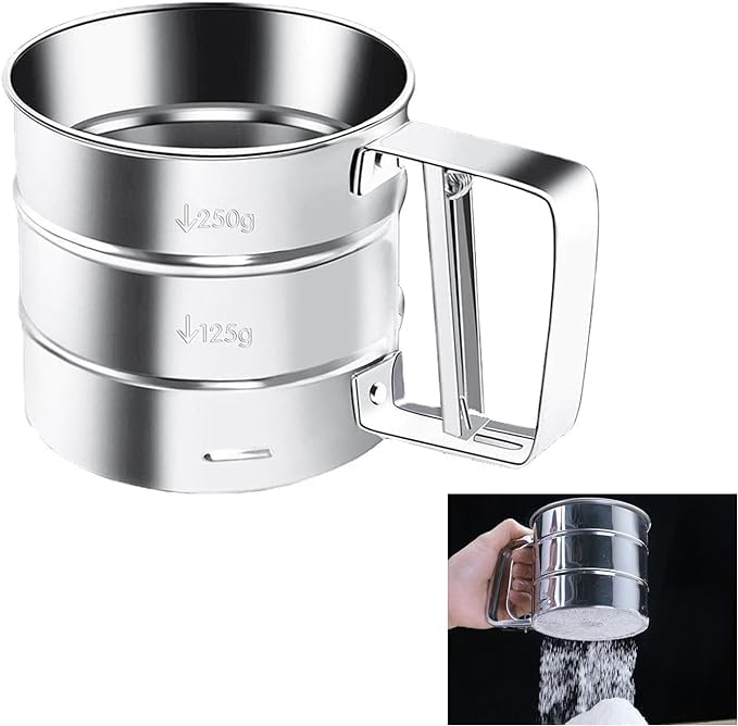 Stainless Steel Flour Sifter Shaker, Semi Automatic Hand Held Flour Sieve Powder Hand Screened Sugar Icing Mesh Sieve Kitchen Baking Tools Cake Utensils