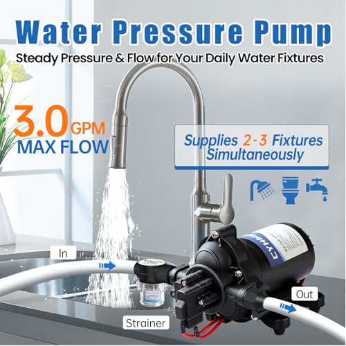 12V DC Self Priming Rv Water Pressure Pump, 3.0GPM 45PSI Quiet Water Diaphragm Pump with Pressure Switch for RV Marine Camping Yacht Boat Trailer Caravan
