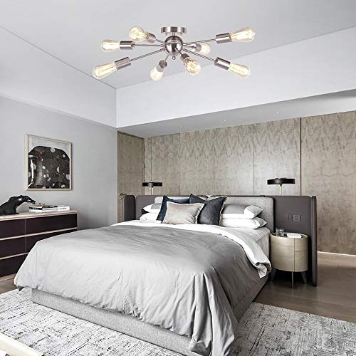 VINLUZ 8Light Sputnik Chandelier Brushed Nickel Semi Flush Mount Ceiling Light Modern Pendant
