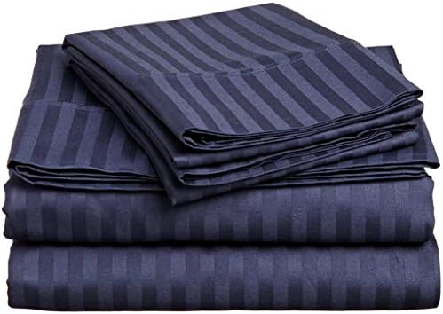 Linenwala 400TC 4 PC Sheet set with 10” Radius inside curve in bottom right corner Fit upto 11" Deep Pocket for RV- Campers, Airstream, Boat Three Quarter Size 48"X75" Navy Blue Stripe