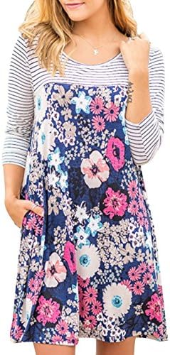 Crissiste Women's Floral Printed Striped 3/4 Sleeve Tunic Dress A-Line Casual Blouse Dress with Pocket Knee Length