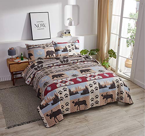 Lodge Bedding Set Full/Queen Size Rustic Cabin Quilt Set Pine Tree Moose Bear Bedspread Coverlet with Sham Soft Reversible All Season Bed Set, 1 Quilt 2 Pillow Shams