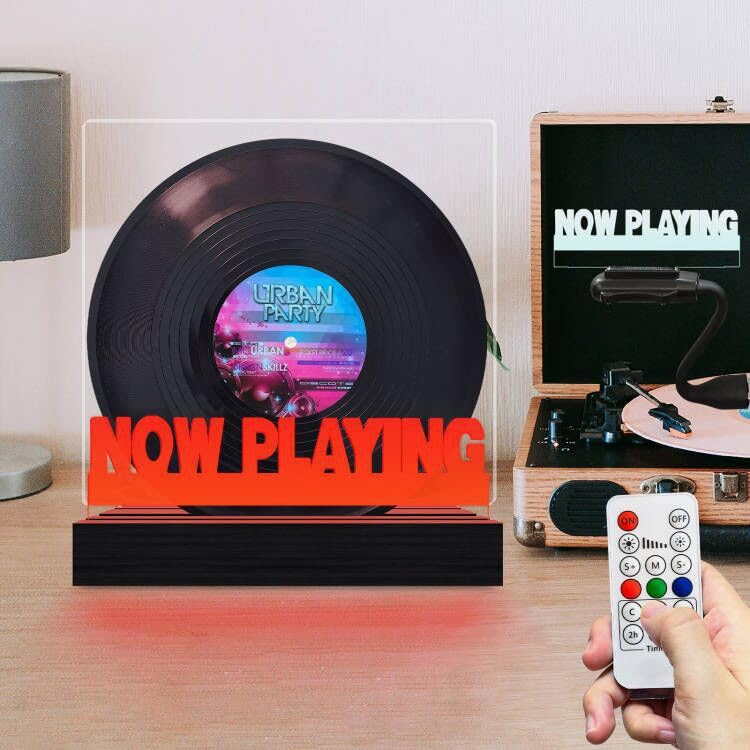 Masshomi Now Play Vinyl Stand 7 Colors Switch Switch Remote Control Dimming Timer USB Charging Retro Wooden Base Acrylic Panel Album Collection LED Display Night Light Lamp