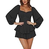 LYANER Women's Jumpsuit Lantern Long Sleeve Ruffle Layer Tie Mini Short Romper