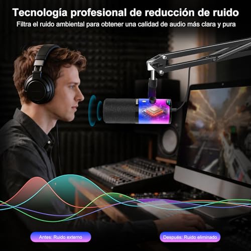 Aveek Dynamic USB/XLR Microphone with Arm for Gaming & Streaming | RGB Lighting, Noise Cancellation, One Touch Silence, Monitor Mix and Headphone Jack for PC & PS5