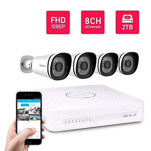 Foscam FN7108E-B4-2T 8CH PoE 1080P Security CCTV Surveillance System, 2TB HDD NVR KIT, 4 Full HD 2MP 1080P IP66 Waterproof Bullet IP Camera, 65FT Night Vision (Certificated Refurbished)