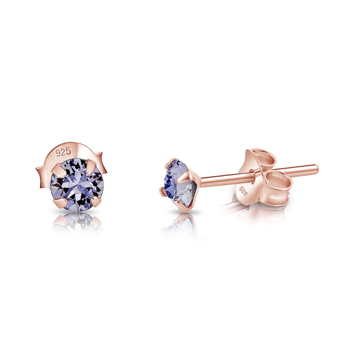 DTPSilver - 925 Sterling Silver Rose Gold plated Round SMALL Stud Earrings made with Glittering Crystals from Swarovski® Elements - Diameter: 4 mm - Colour : Provence Lavender