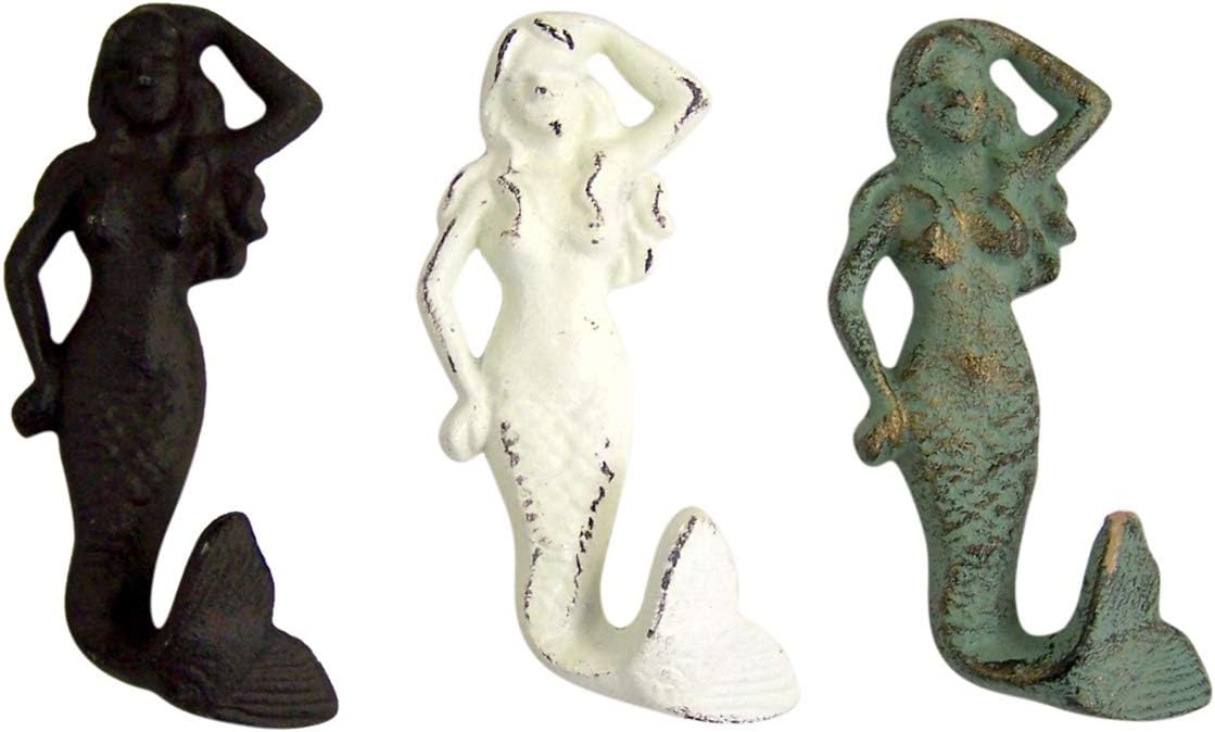 Rustic White, Brown and Teal Cast Iron Mermaid Wall Hooks, Set of 3, 5 3/4 Inch