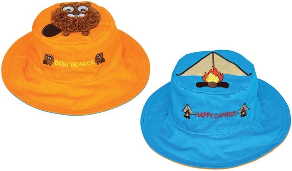 FlapJacks Kid's Busy Beaver Hat/Happy Camper Reversible Hat, Blue/Orange, Large (2-4 Years)