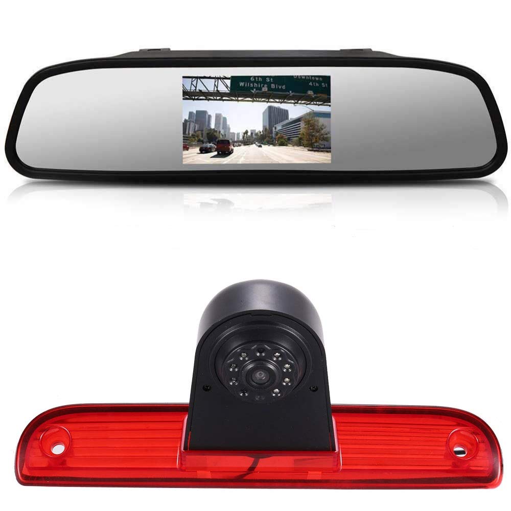 【Reversing Camera + 4.3 Inch HD Rearview Mirror】Parking Mirror for All Cars + Car Third Roof Top Mount Brake Lamp Backup Camera for Fiat Ducato X250 X290 Bus Kasten/Peugeot Boxter/Citroen Jumper