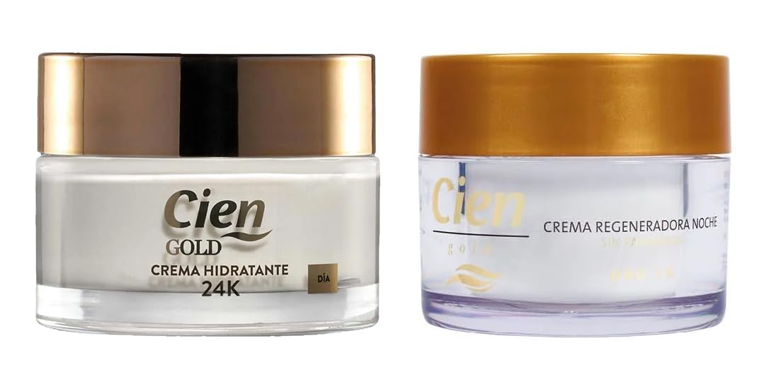 Pack 2 – Cien Gold – Facial Day Cream 50 ml + Facial Night Cream 50 ml. Anti-Wrinkle Gold Moisturizing 24K Cecular Regenerator Renewal Effect. Pack 2
