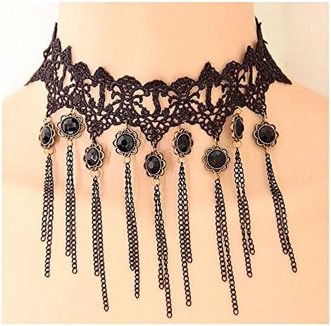 Darkey Wang Women's Fashion Jewelry Retro Fringed Lace Droplets Gemstone Necklace(Black)