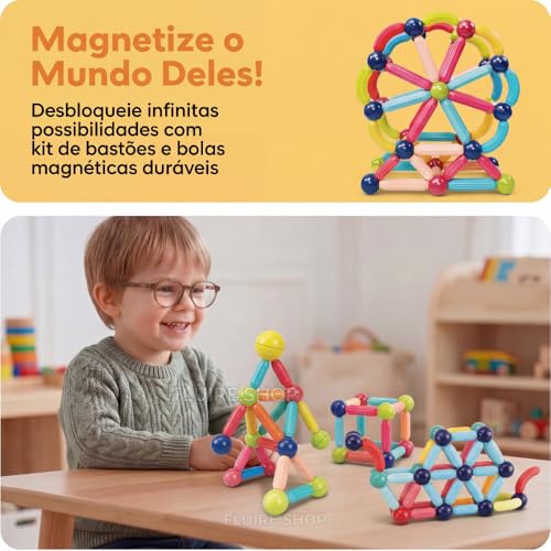 Bloco Magnetico Infantil de Montar, Brinquedo Educativo Infantil Bastões e Bolas, Kit de Construção 2D e 3D, Desenvolvimento STEM para Criatividade, Coordenação Motora e Raciocínio Lógico (103)