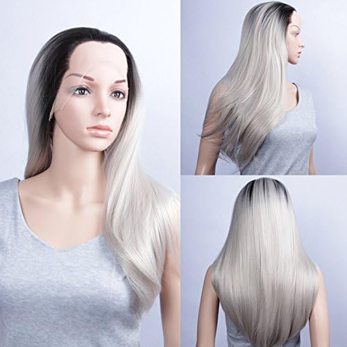 Ombre Gray 2 Tones Lace Front Synthetic Hair Wigs black Roots Long Silky Straight Silver Grey Replacement Hair Wigs For Women Heat Resistant Fiber Hair Half Hand Tied 180% Density 26 Inches