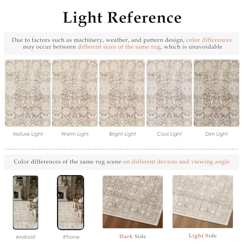 PureCozy 8x10 Beige Washable Neutral Area Rugs Living Room décor Floral Distressed Large Throw Rug Non Slip Stain Resistant Rugs Low Pile Soft Carpet Dining Room Bedroom Office Farmhouse Playroom