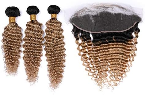 Anmer Fashion Dark Roots Honey Blonde Ombre Deep Wave Bundles with Frontal Closure Two Tone 1B/27 Brown Deep Curly Virgin Peruvian Human Hair Full Lace Frontal with Weaves (10'' with 10'' 10'' 10'')