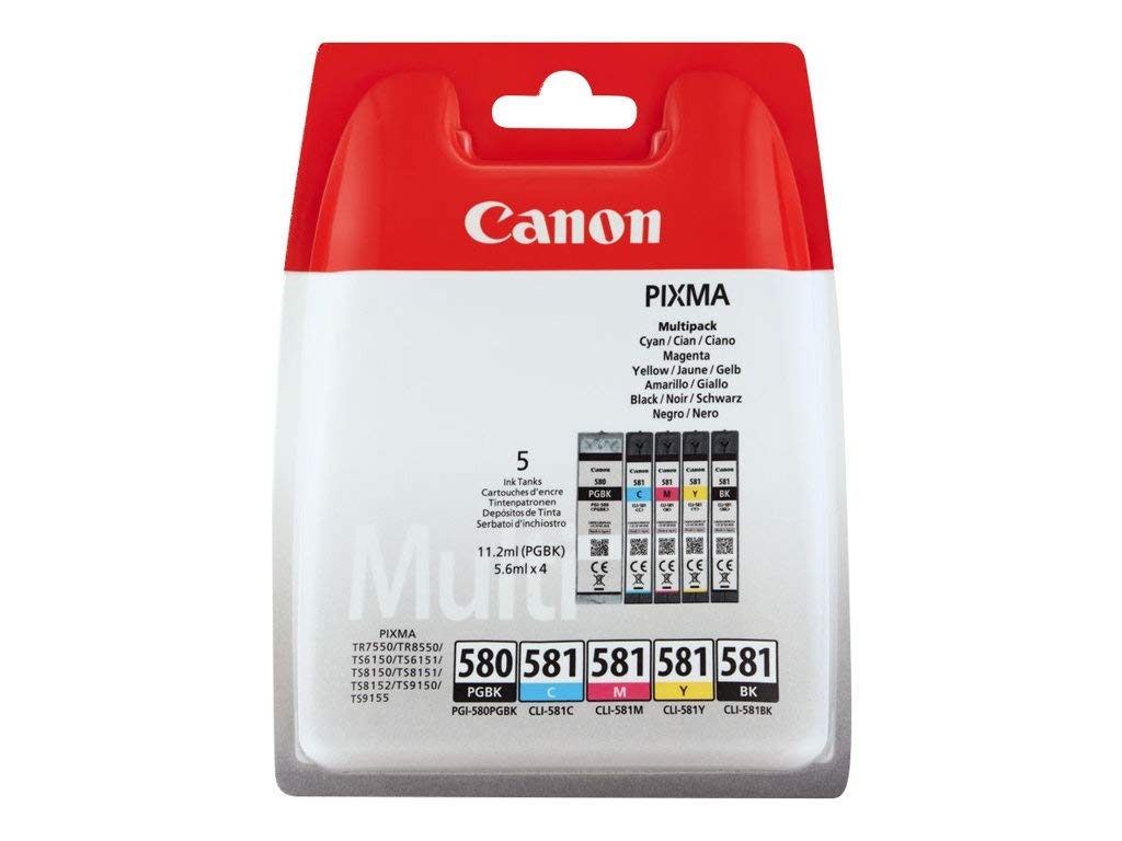 Canon PGI-580 CLI-581 BK C M Y PGBK Pack of 5 cartridges (Black Cyan Magenta Yellow Office Black Colour) Genuine Canon (Plastic Pack )