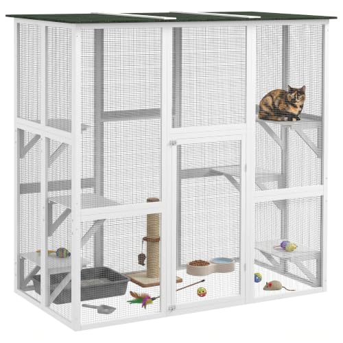 PawHut Outdoor Catio Cat Enclosure, Large Weatherproof Cat House with Asphalt Roof, 6 Jumping Platforms, Wooden Walk-in Kitty Cage for Multiple Kittens, 71" x 39" x 71", White