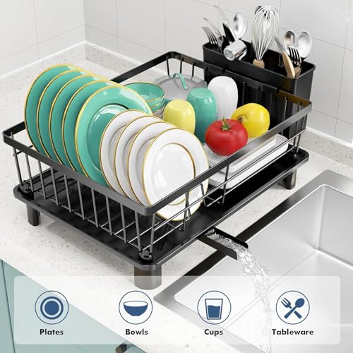 Dish Drying Rack, Space-Saving Dish Rack for Kitchen Counter, Stainless Steel Dish Rack with Cutlery Holder, Removable Dish Drainer, Drainboard and Adjustable Spout for Various Kitchenware,15x11x6.7''