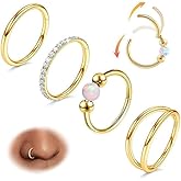 Uni-J 4PCS Nose Ring Hoop for Women Men Hinged Double Nose Hoop CZ Opal Clicker Septum Ring 18G Surgical Steel Cartilage Conch Tragus Rook Daith Piercing Jewelry Gold Silver 7/8/9/10MM