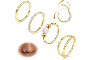 4PCS Nose Ring Hoop for Women Men Hinged Double Nose Hoop CZ Opal Clicker Septum Ring 18G Surgical Steel Cartilage Conch Trag