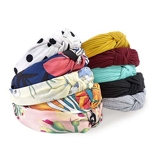 10 PCs Hingwah Wide Headbands Cotton and Chiffon Hair Band, Yoga Top Knot Headwrap Turban Hair Hoop - Fashion Floral Elastic Hair Accessories for Women Girls