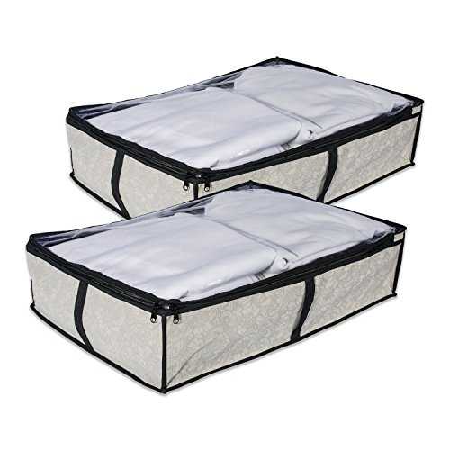 DII Breathable, Under the Bed or Closet Soft Storage Bag with Clear Viewing Window & Zipper Closure for Clothing, Linens, & Shoes (Blanket Size - 24 x 18 x 12") Damask - Set of 2
