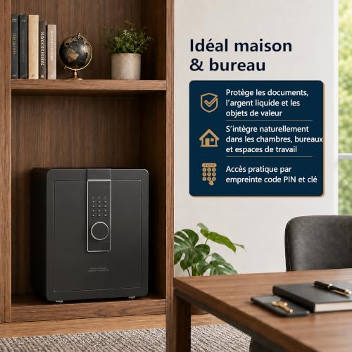 22KG Lourd Coffre Fort en Acier, 52L Coffre-fort Électronique avec Digitale Code et Clé, pour Maison et Bureau, Idéal pour Bijoux, Argent et Documents A4, Notice en Français (Noir,52L)