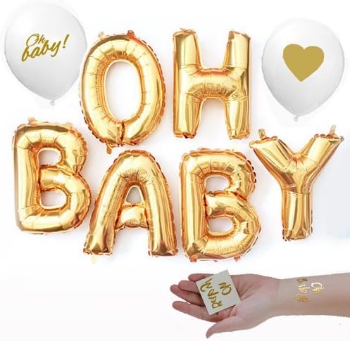 Washunga Fun Gold OH Baby! Girl Boy Baby Shower Mylar Balloons Two Oh Baby Tattoos and Two Gold Lettering White Balloons Decorations