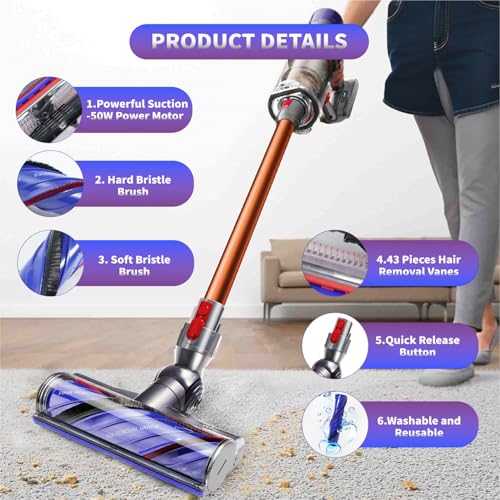 Upgrade Anti-Tangle Vacuum Head Replacement for Dyson V7, V8, Cyclone V10, V11, V15 Cordless Vacuum Cleaner, Motorhead Cleaner Brush Head for Hard Floors, Carpets, Rugs