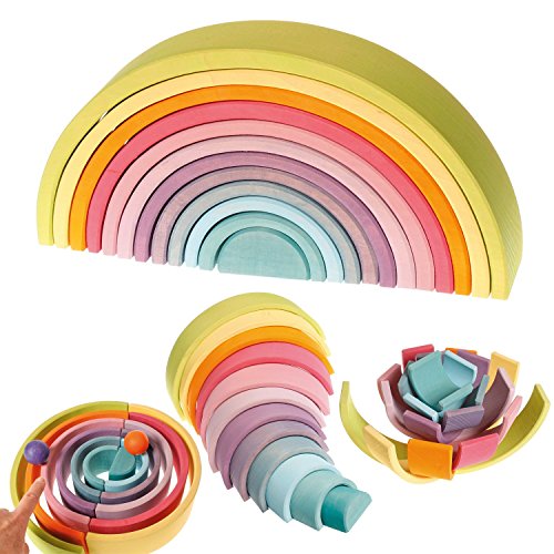 Extra Large 12-Piece Rainbow Tunnel Stacker Toy in Pastel Colors - Wooden Nesting Puzzle for Creative Sculpture Building