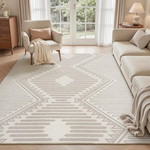 Area Rug for Living Room Rug 5x7 High Low Textured Jacquard Tufted Boho Geometric Washable Bedroom Rug Carpet for Dining Room Nursery Non Slip Beige