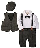 ZOEREA Baby Boy Outfits Set, 3pcs Long Sleeves Gentleman Jumpsuit & Vest Coat & Berets Hat with Bow Tie (Grey, Label 70)