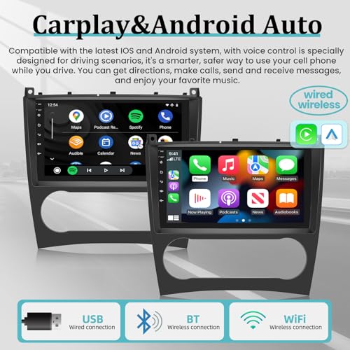 Car Radio for Mercedes Benz C Class W203 W209 C180 C200 2005-2009 [2G+64G] 9 Inch Touch Android Car Stereo Wireless Apple Carplay/Android Auto / 1080P / WiFi + AHD Rear View Camera