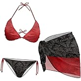 Irisjudy Women's 3 Piece Boho Floral Bathing Suit with Beach Wrap Skirt Sarong Chiffon Swimsuit Tie Side Bikini Set Cover Up