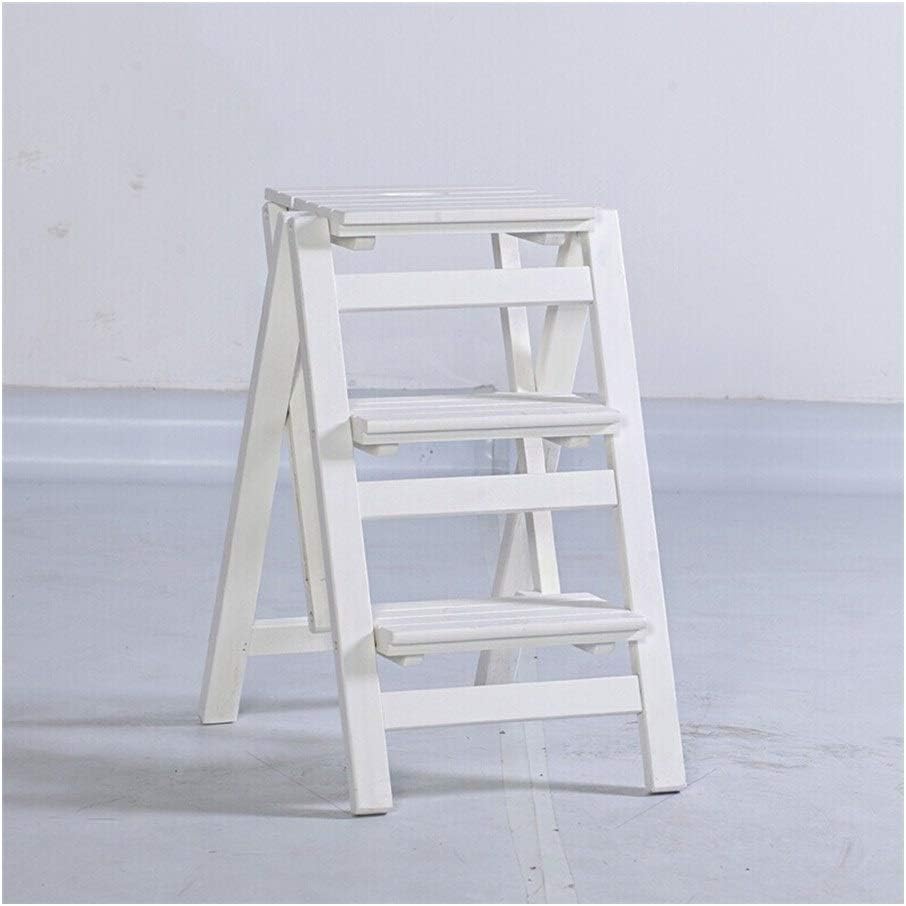 100% Wooden Foldable Step Stool Multi-function Portable Stepladders Ladder Shelf for Home, Max.150KG -F15N (Color : White, Size : 41X56X66CM)