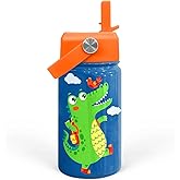 Crocodile Water Bottle - Kids Water Bottle with Straw Lid - 12 Oz Insulated Stainless Steel Water Bottles for Kid Boys - Travel Cup for School Sports