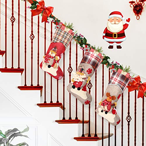 Aiduy 3 Pack 18" Christmas Stockings Decoration with Cute 3D Plush Santa Snowman Reindeer Xmas Stockings Ornament Gifts for Christmas Decorations and Family Holiday Party Decor - Thumbnail 3