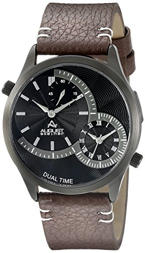 August Steiner Men's AS8167BKBR Black Dual-Time Zone Quartz Watch with Black Dial and Brown with White Stitching Leather Strap