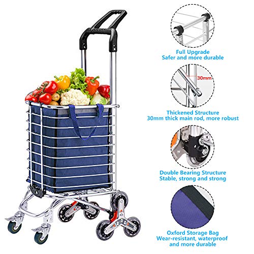 Upgraded Folding Shopping Cart Portable Grocery Stair Climbing Cart with Tri-Wheels, Swivel Handle, Wheel Bearings & Removable Basket, Perfect for Mom Christmas Gift