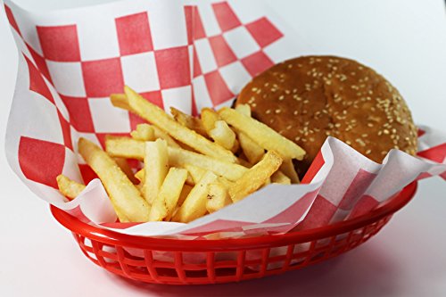 12 Red Plastic Oval Food/Burger Baskets plus 120 Checkered Deli Paper Liners. Restaurant/Food Tray Basket Sets for Barbecues, Picnics, Parties, Kids Meals, Outdoors. - Thumbnail 3