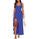 Women Sexy V Neck Sleeveless Mesh Ruffle Hem Bodycon Maxi Casual Backless High Slit Cocktail Party Dress