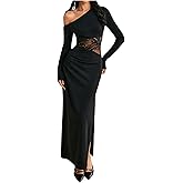 GORGLITTER Women's Lace Asymmetrical Neck Patchwork Maxi Dresses Fall One Shoulder Long Sleeve Vegas Dinner Club Dress
