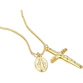 NewZenro Crucifix Cross Christ on INRI Baptism Christian Catholic Virgin Mary Pendant Necklace for Women Dainty Stainless Steel 18K Gold Plated Chain Jewelry