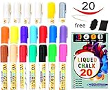 20 Pcs Liquid Chalk Markers Pack - 14 Liquid Chalk Color - 4 Liquid Chalk White - 1 Gold - 1 Silver - Non Toxic - Liquid Chalk Pens