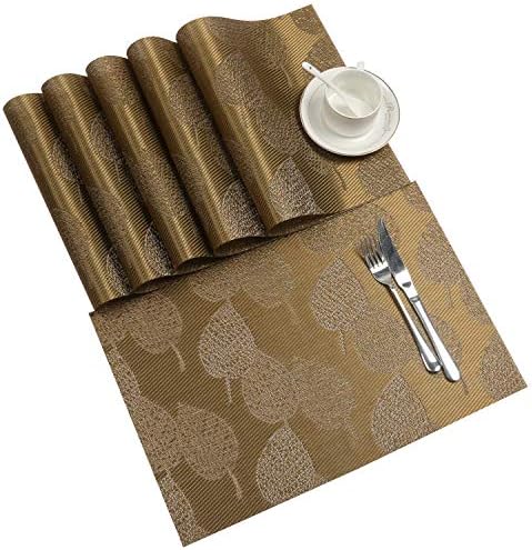 LOLOMODA Placemats Washable Kitchen Table Place Mat Stain-resistant Crossweave Woven Vinyl Christmas Table Mats, Heat-resistant Placemats for Dining PVC Table Mats Set of 6 (Gold)