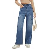 Women's Waisted Cargo Jeans for Women with 6 Pockets Straight Wide Leg Denim Pants Casual Baggy Jeans