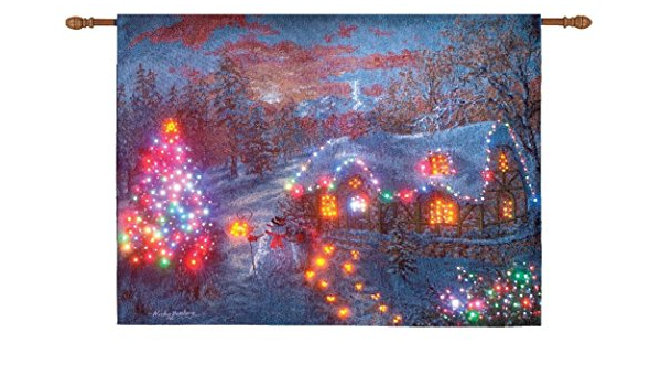 Amazon Com Christmas Cottage Fiber Optic Lighted Wall Hanging Tapestry Print Boehme Home Kitchen