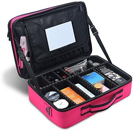 Samtour Makeup Travel Case Cosmetic Large Makeup Organizer 16.1"Large Size Rose Red With Mirror